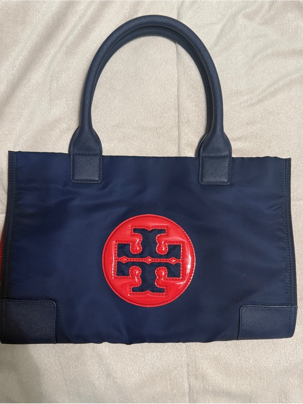 Tory Burch Navy Tote with Red Logo Patch